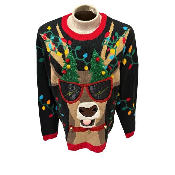 Holiday Time Reindeer Ugly Christmas Sweater 3D Lights Trees Bells Men’s L - Picture 1 of 4